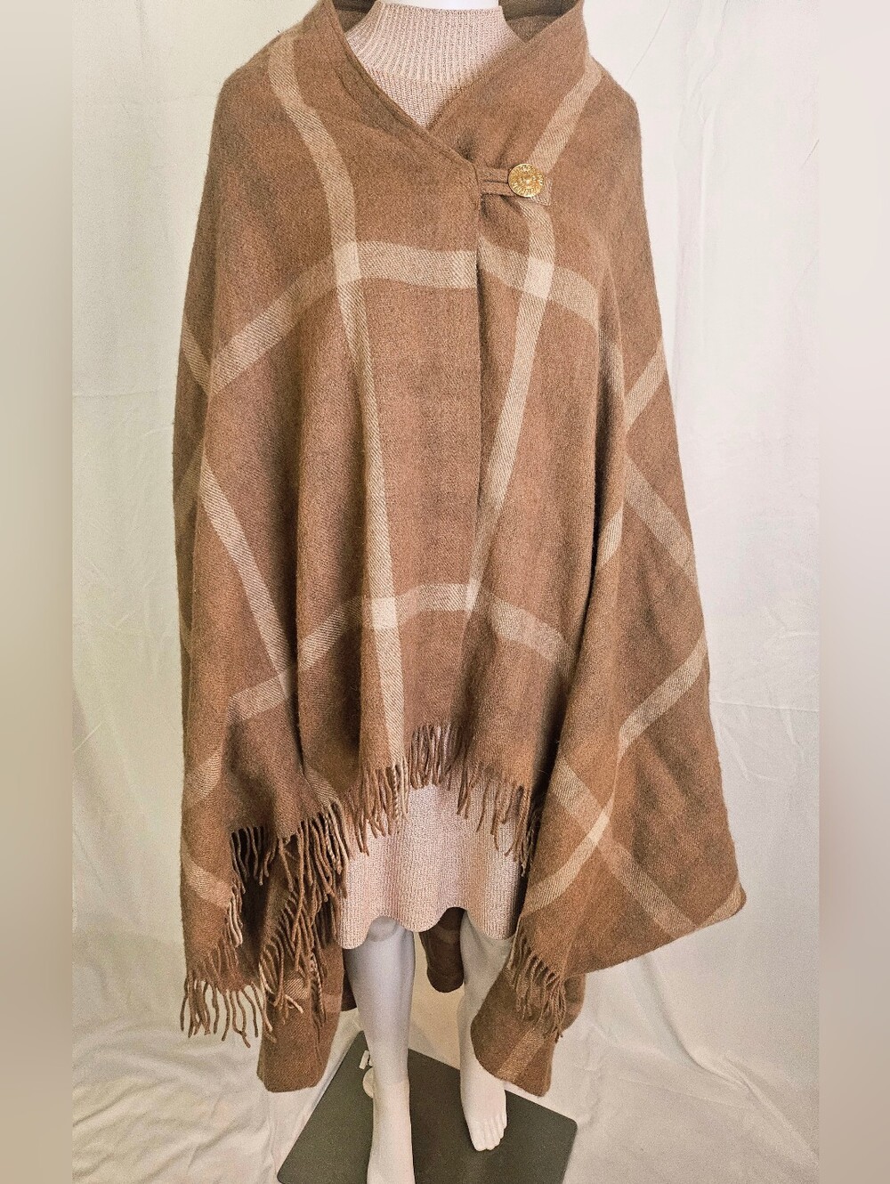Source Unknown Tan Plaid Fringe Wool Cape